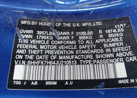 2018 Honda Civic Ex from USA, damaged, VIN SHHFK7H64JU210513